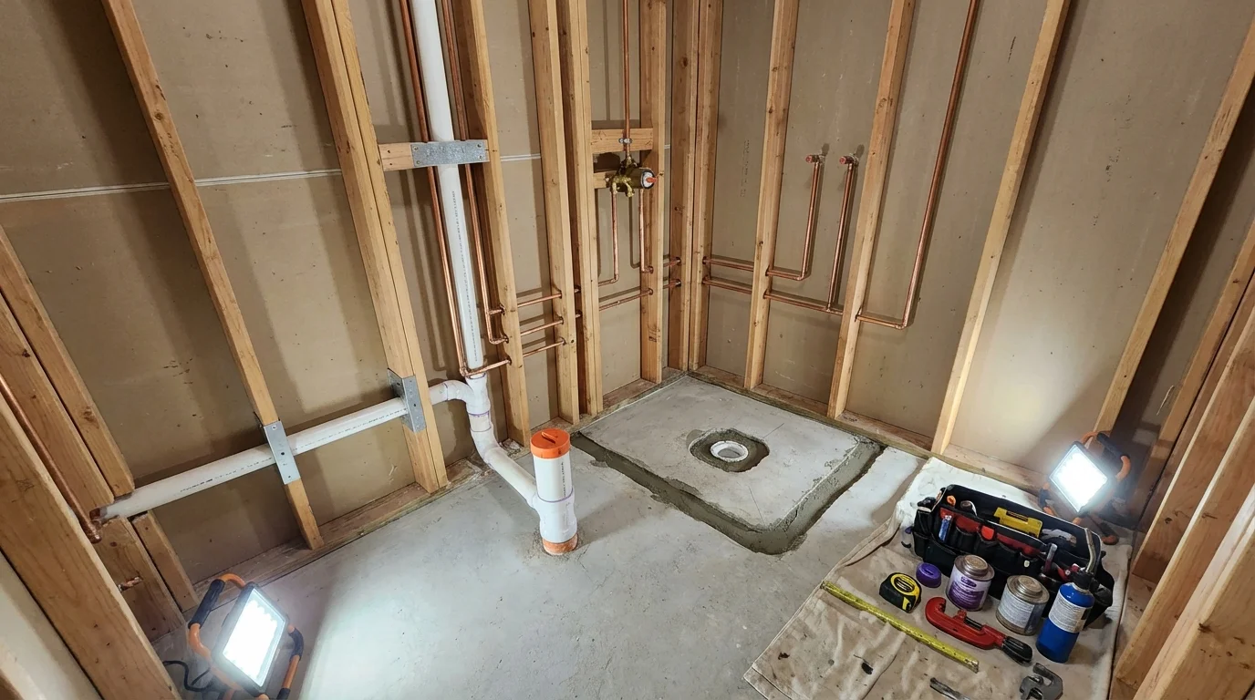 Bathroom rough-in plumbing during remodel by Johns Plumbing LLC in Tallapoosa