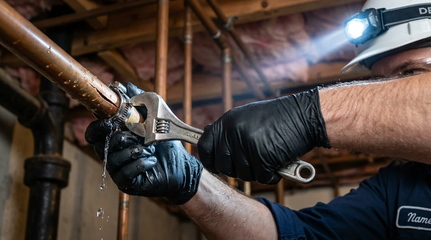 Emergency pipe clamp repair being performed by a Johns Plumbing LLC plumber in Tallapoosa