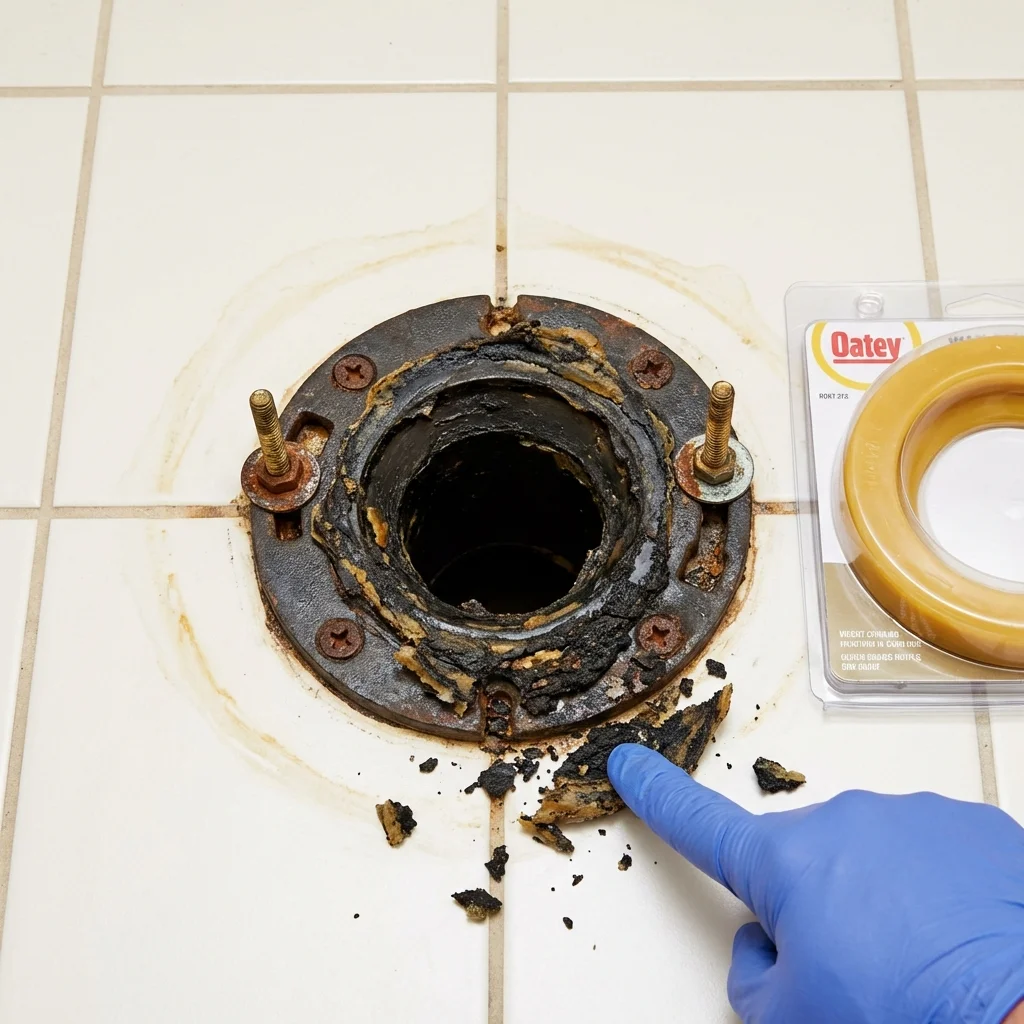 Failed wax ring showing water seepage at the base of a toilet in a Tallapoosa, GA home