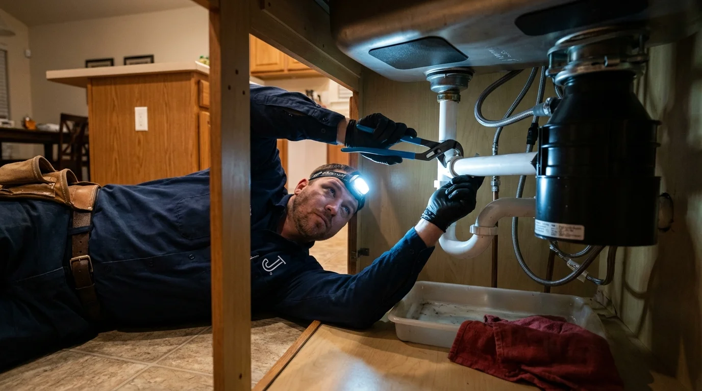 P-trap and supply line connections under a kitchen sink showing a common leak point in Tallapoosa, GA